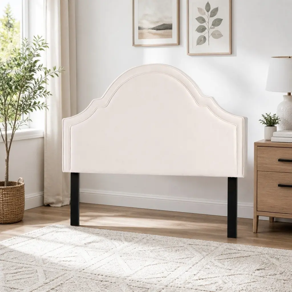 Queen Headboard Bed Head Beige Velvet Scalloped Design Bedroom Furniture