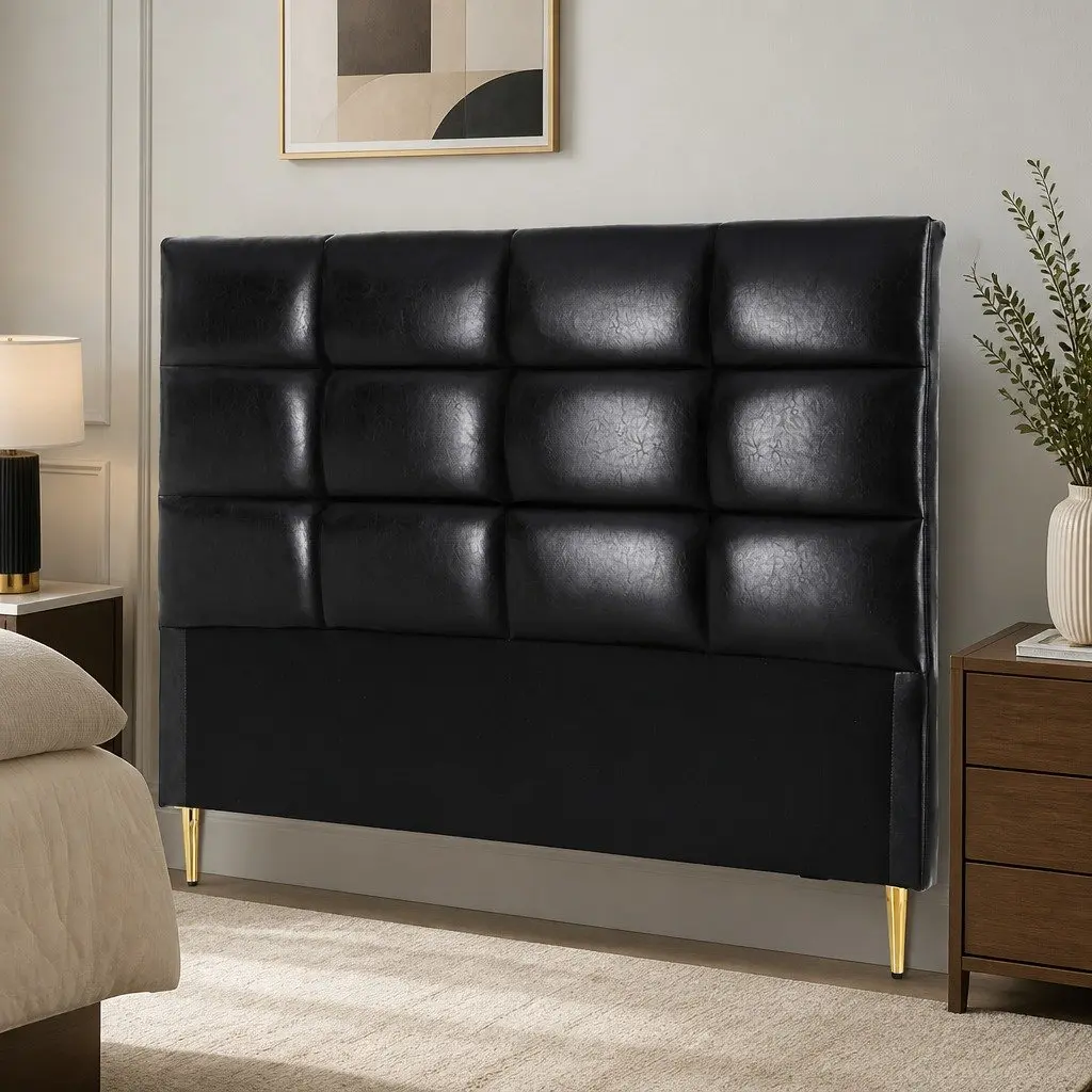 Black Grid Tufted PU Leather Queen Bed Headboard