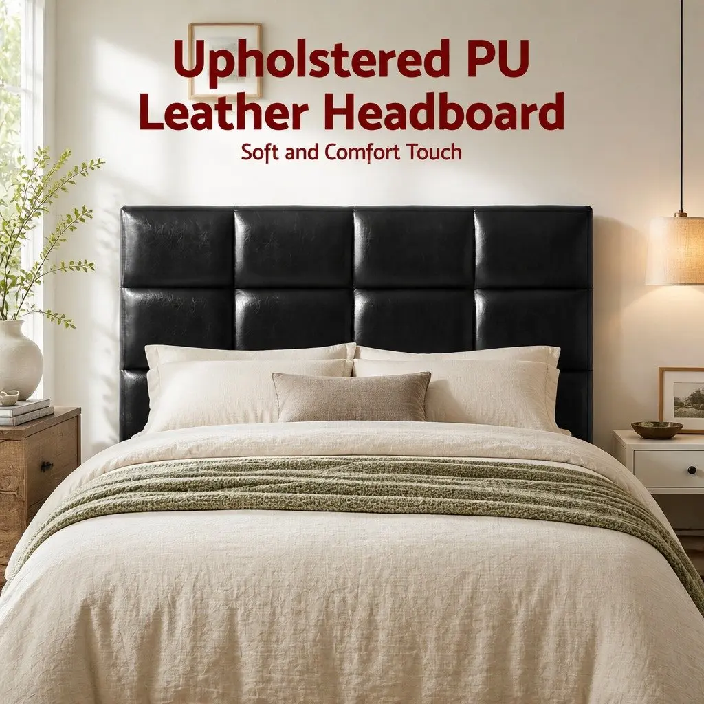 Queen Headboard PU Leather Black Grid Tufted Padded