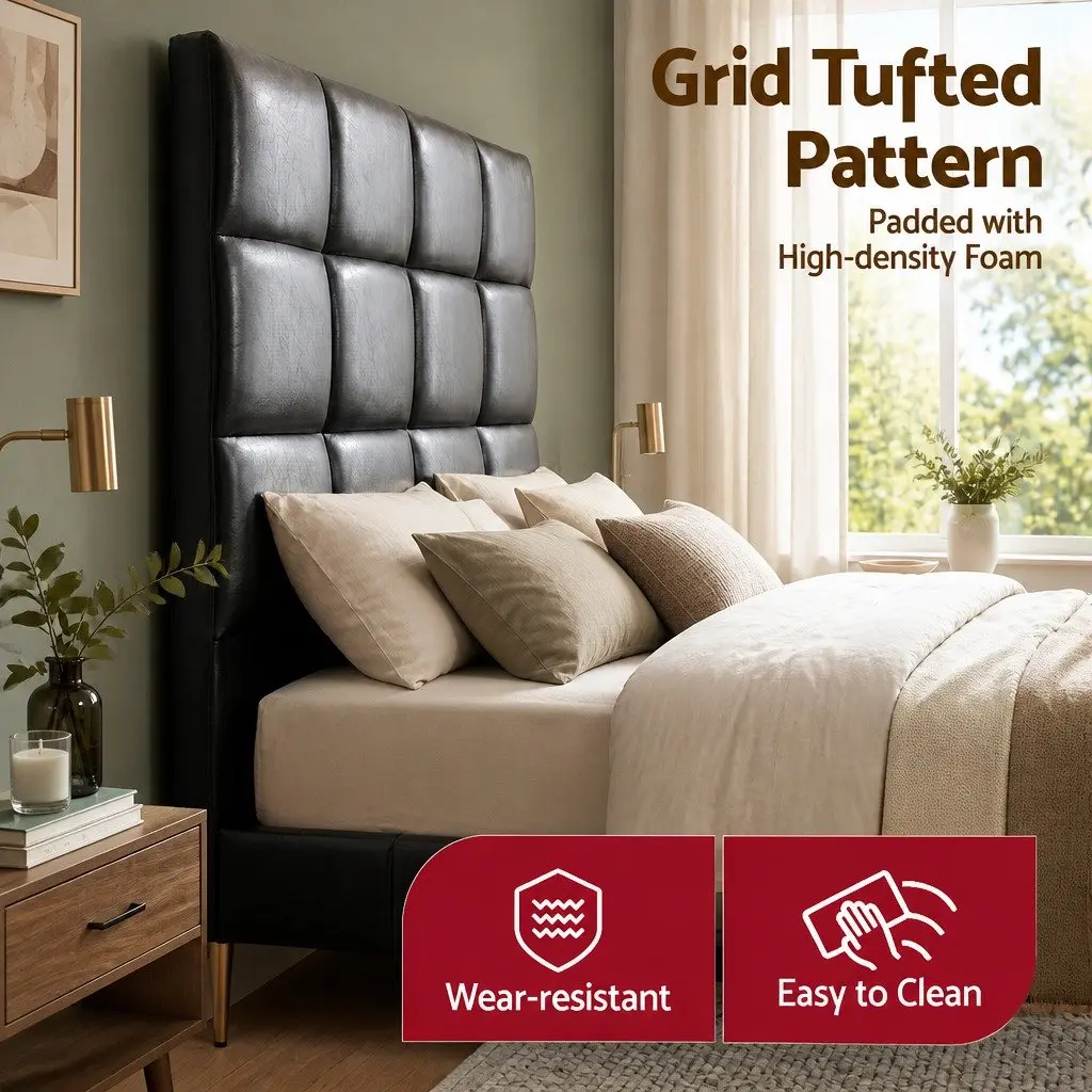 Queen Headboard PU Leather Black Grid Tufted Padded