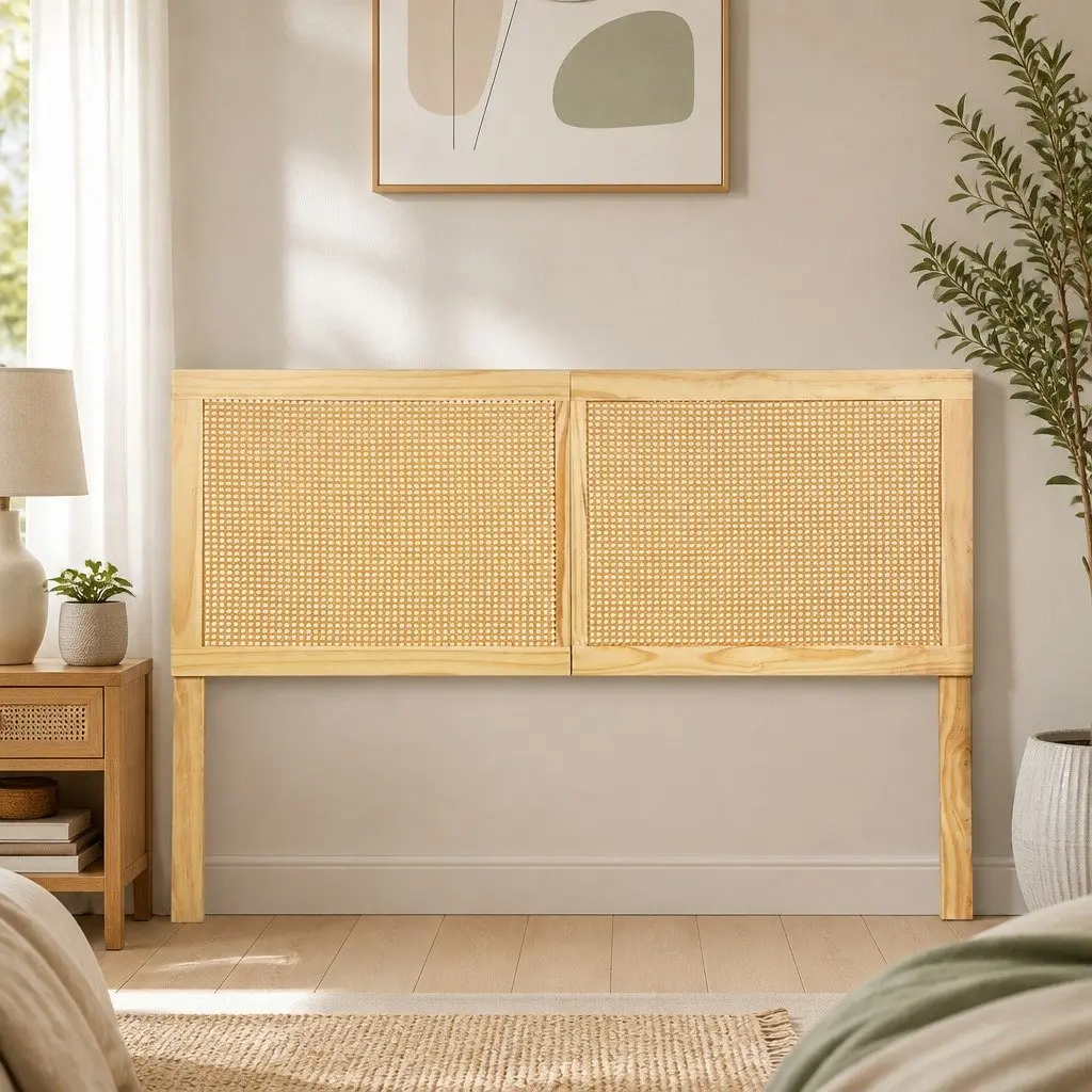 Double Bed Head Headboard Rattan Pine Natural