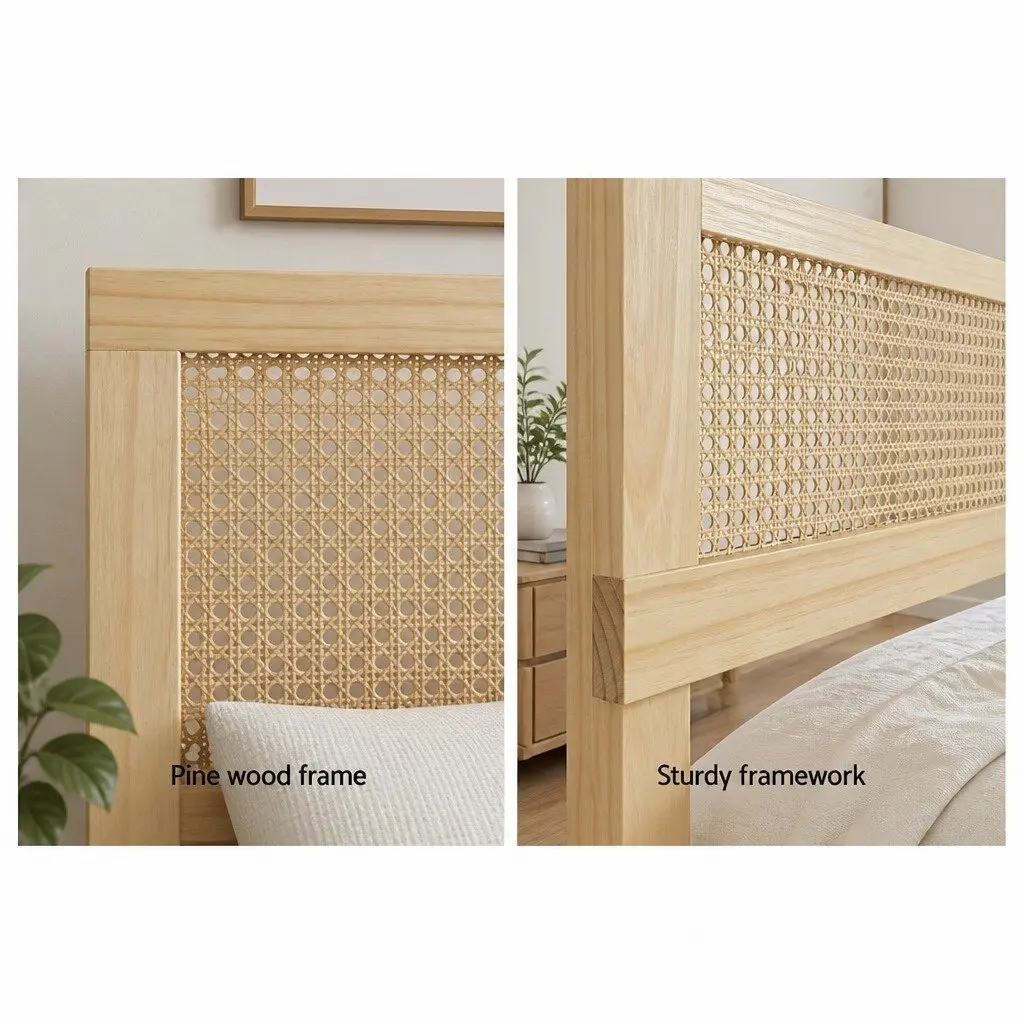 Double Bed Head Headboard Rattan Pine Natural