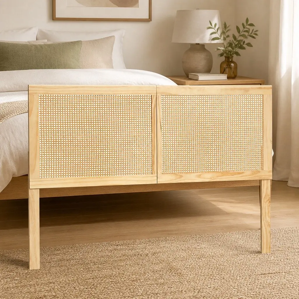 Double Bed Head Headboard Rattan Pine Natural