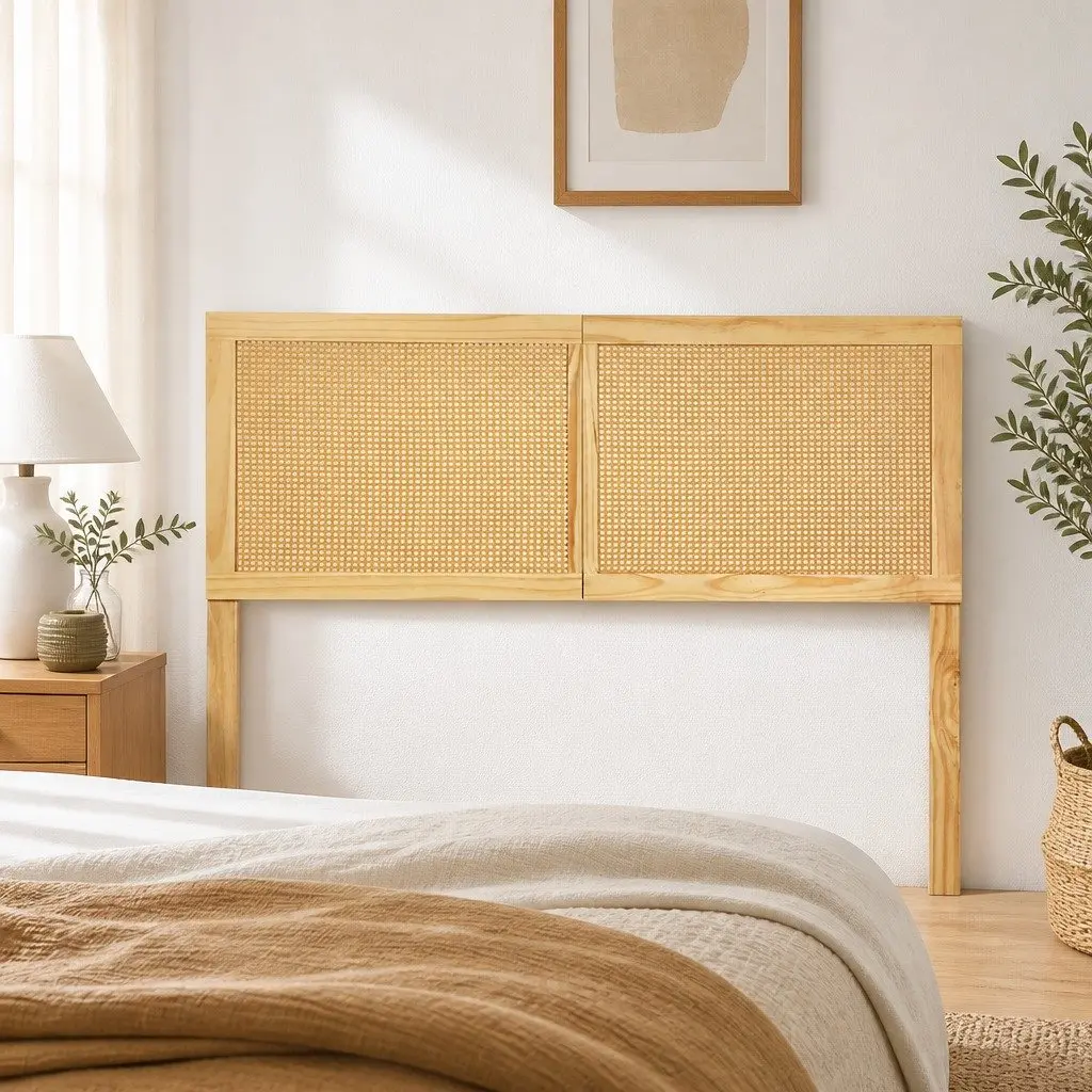 Queen Headboard Pine Rattan Natural Rustic Bohemian Easy Assembly