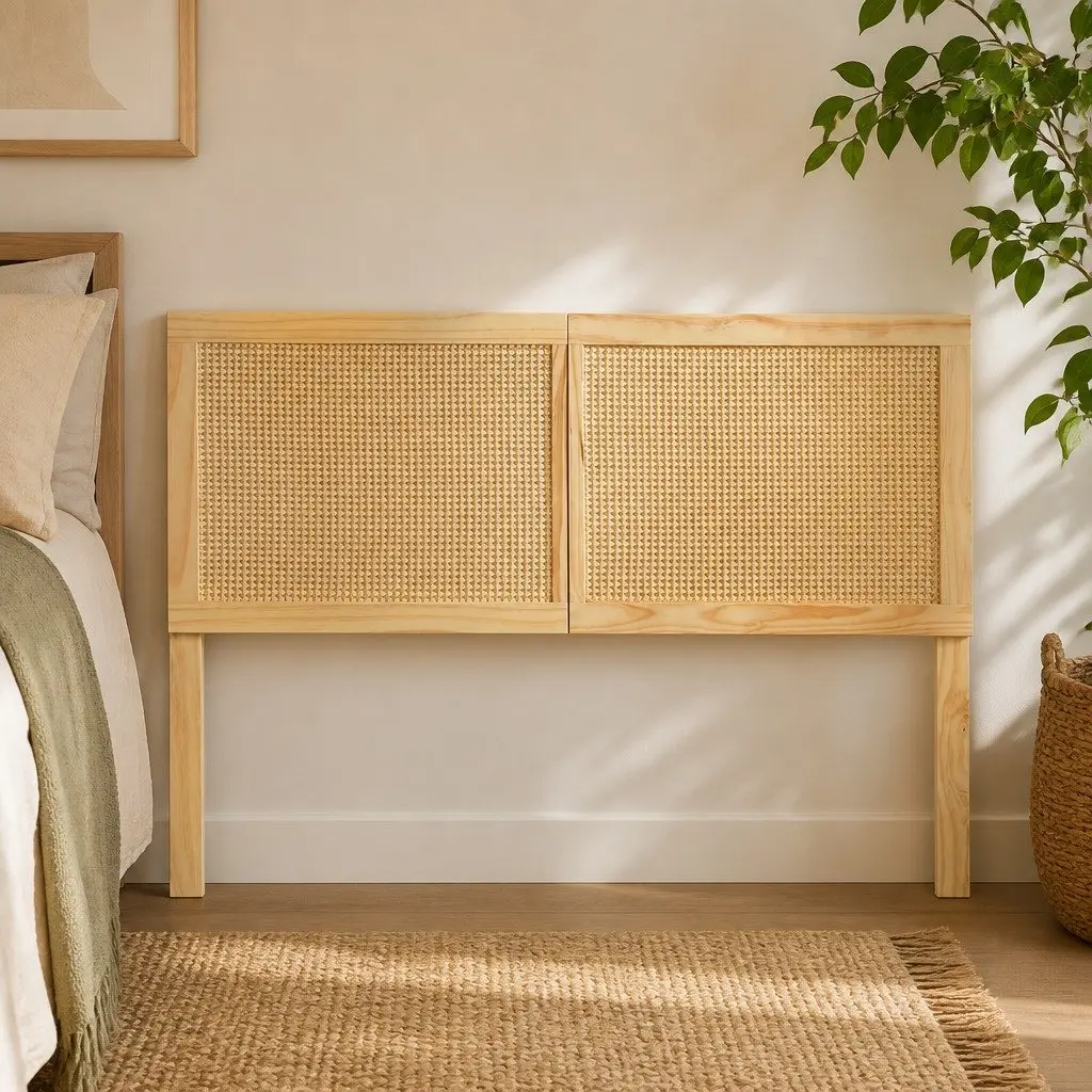 Queen Headboard Pine Rattan Natural Rustic Bohemian Easy Assembly