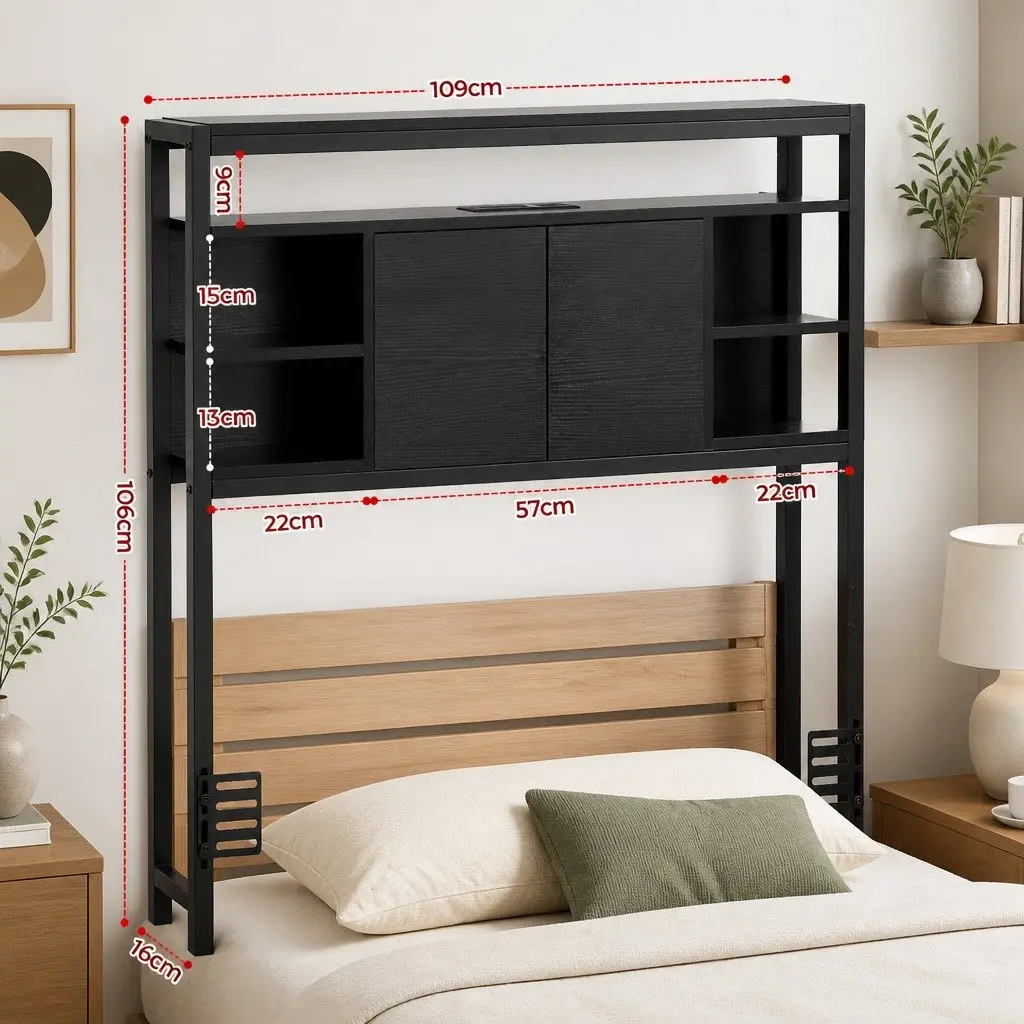 Headboard Storage Compartment Charging Station King Single Black
