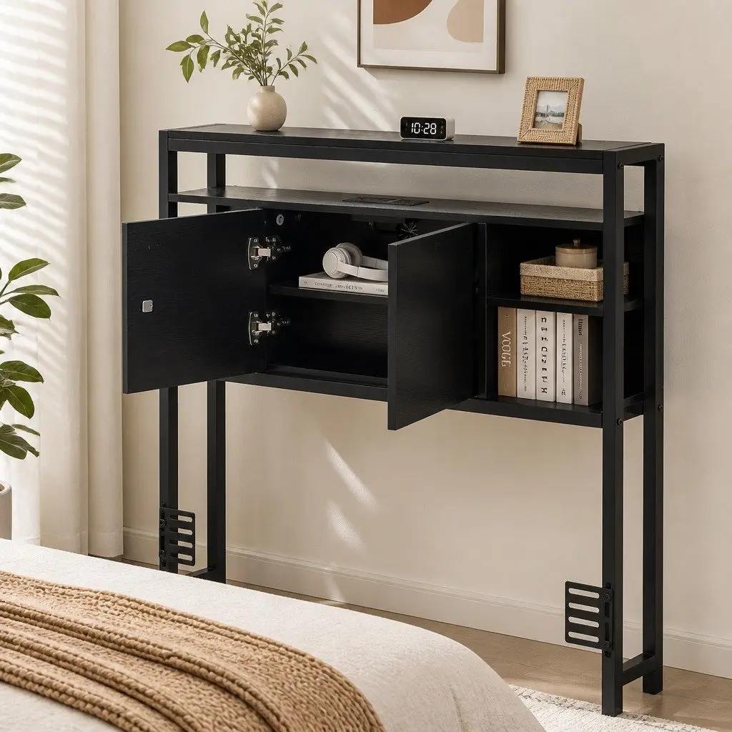 Headboard Storage Compartment Charging Station King Single Black