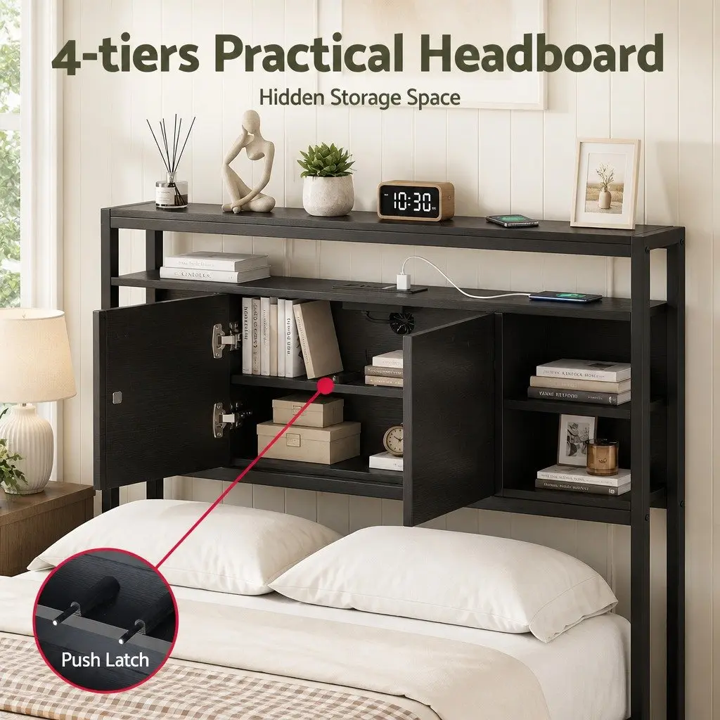 Headboard Storage Compartment Charging Station King Single Black