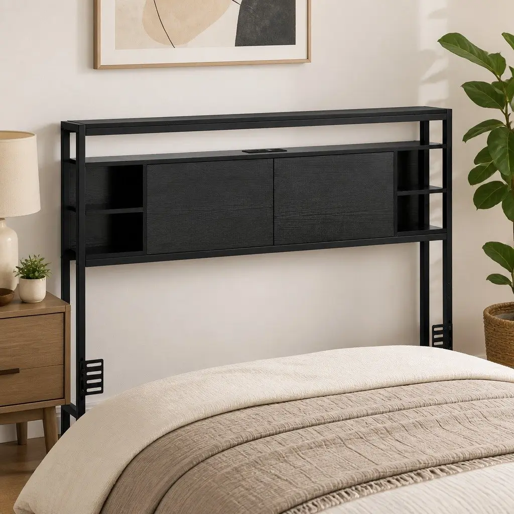 Black Queen Bed Headboard with Storage and Charging Station