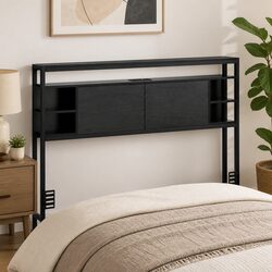 Black Queen Bed Headboard with Storage and Charging Station