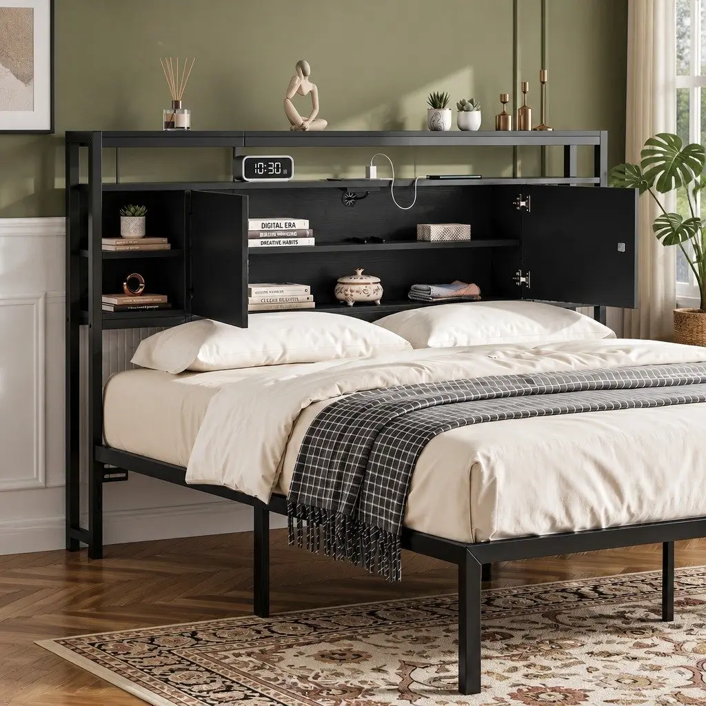 Queen Headboard MDF Metal 155cm x 16cm x 106cm Black