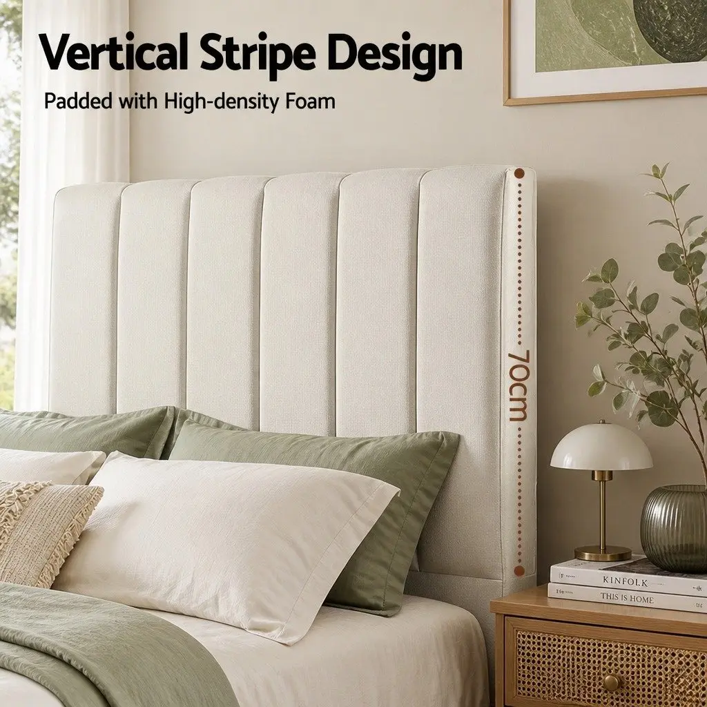 Double Bed Head Headboard Linen Fabric Beige Vertical Stripe Bedroom Furniture