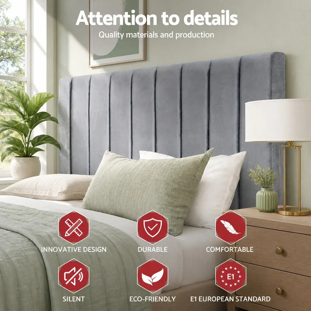 Double Bed Headboard with Grey Velvet Finish