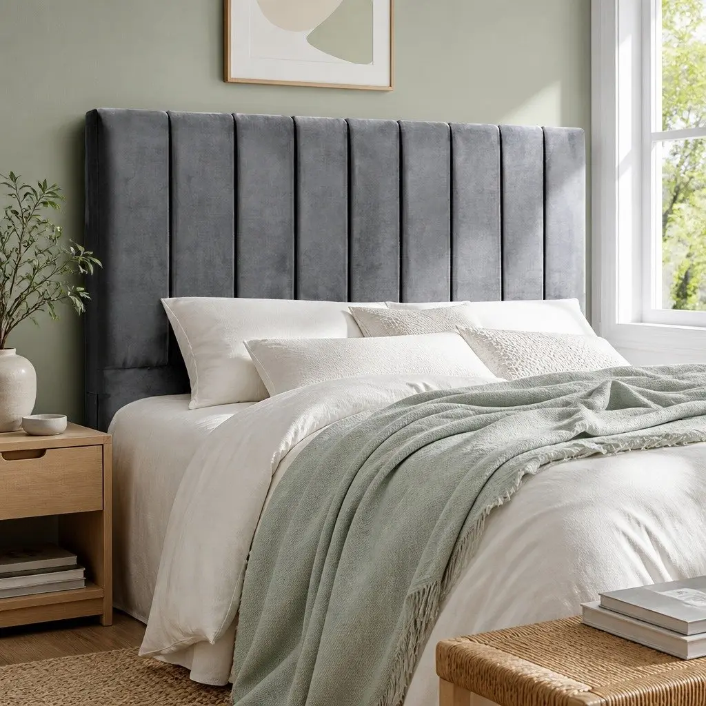 Double Bed Headboard with Grey Velvet Finish