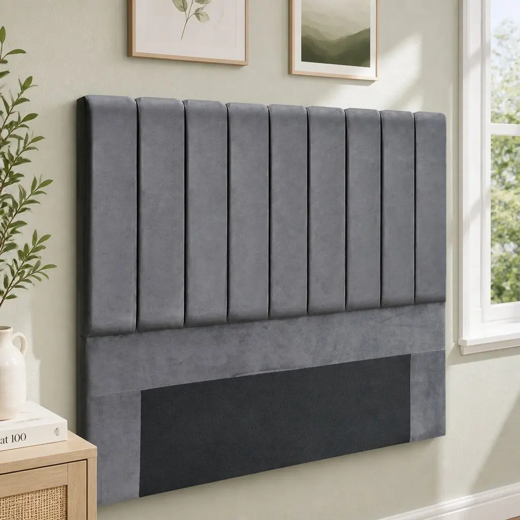 Double Bed Headboard with Grey Velvet Finish