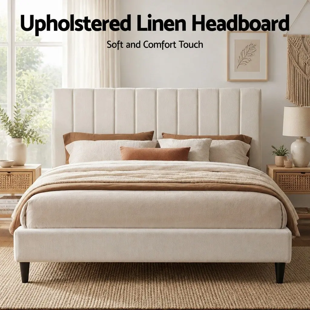 Linen Upholstered King Bed Headboard with Vertical Stripes