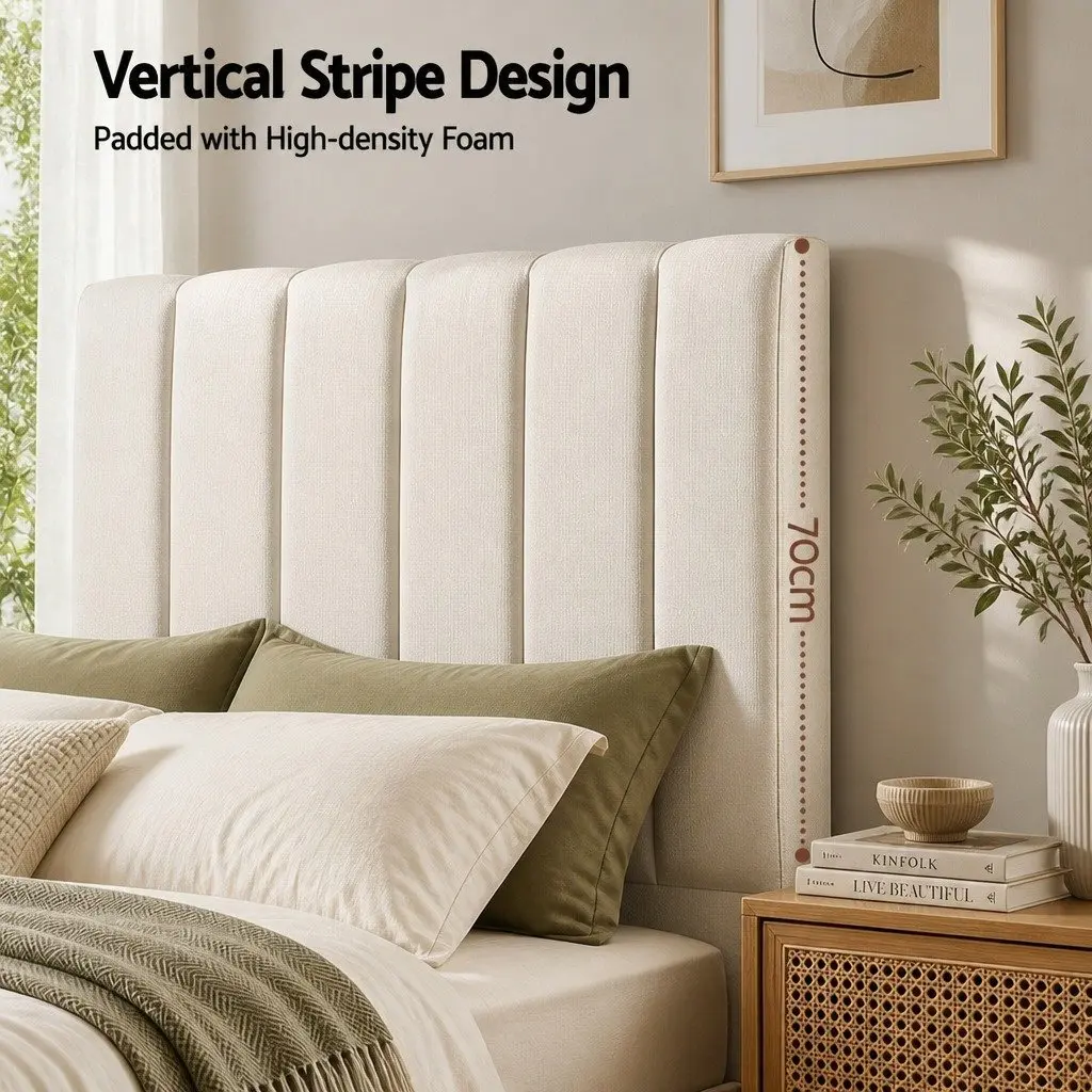 Linen Upholstered King Bed Headboard with Vertical Stripes
