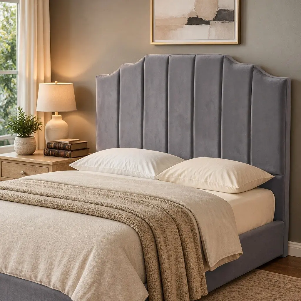 Grey Velvet Double Bed Headboard with Art Deco Stripes