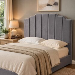 Double Bed Headboard 138cm Grey Velvet Art Deco Vertical Stripe Design