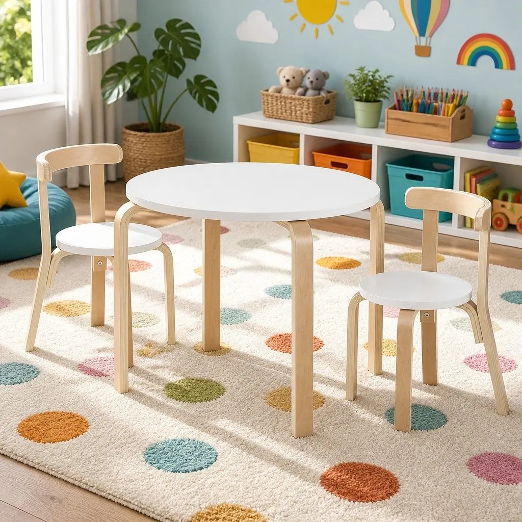 Kids Table and Chairs Set Birch Plywood 60cm White Natural