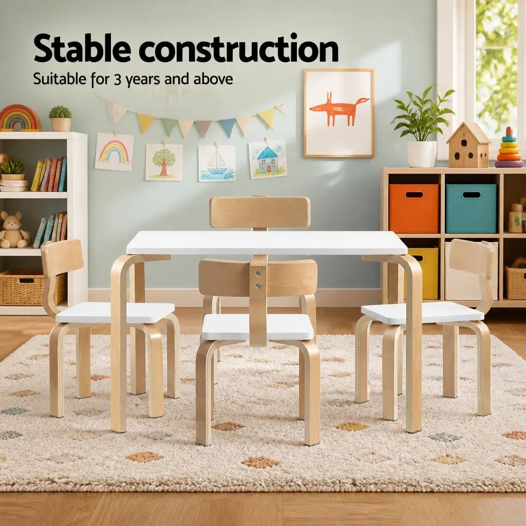 5 Piece Kids Table and Chairs Set Birch Plywood 80cm x 60cm x 54cm White and Natural