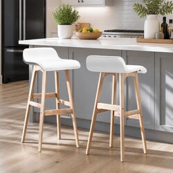 Set of 2 White Wooden Bar Stools with Padded PU Leather Seats