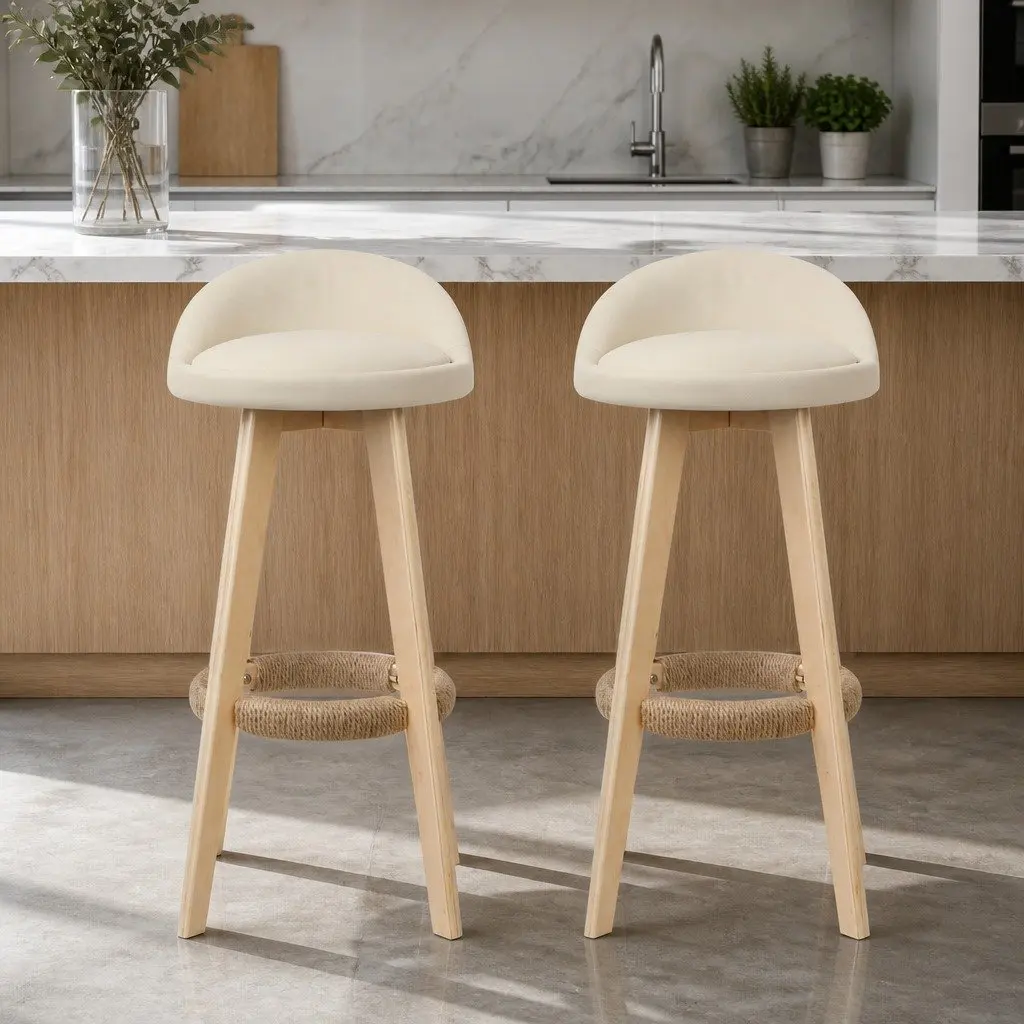 Beige Bar Stools with Padded Leather and Swivel