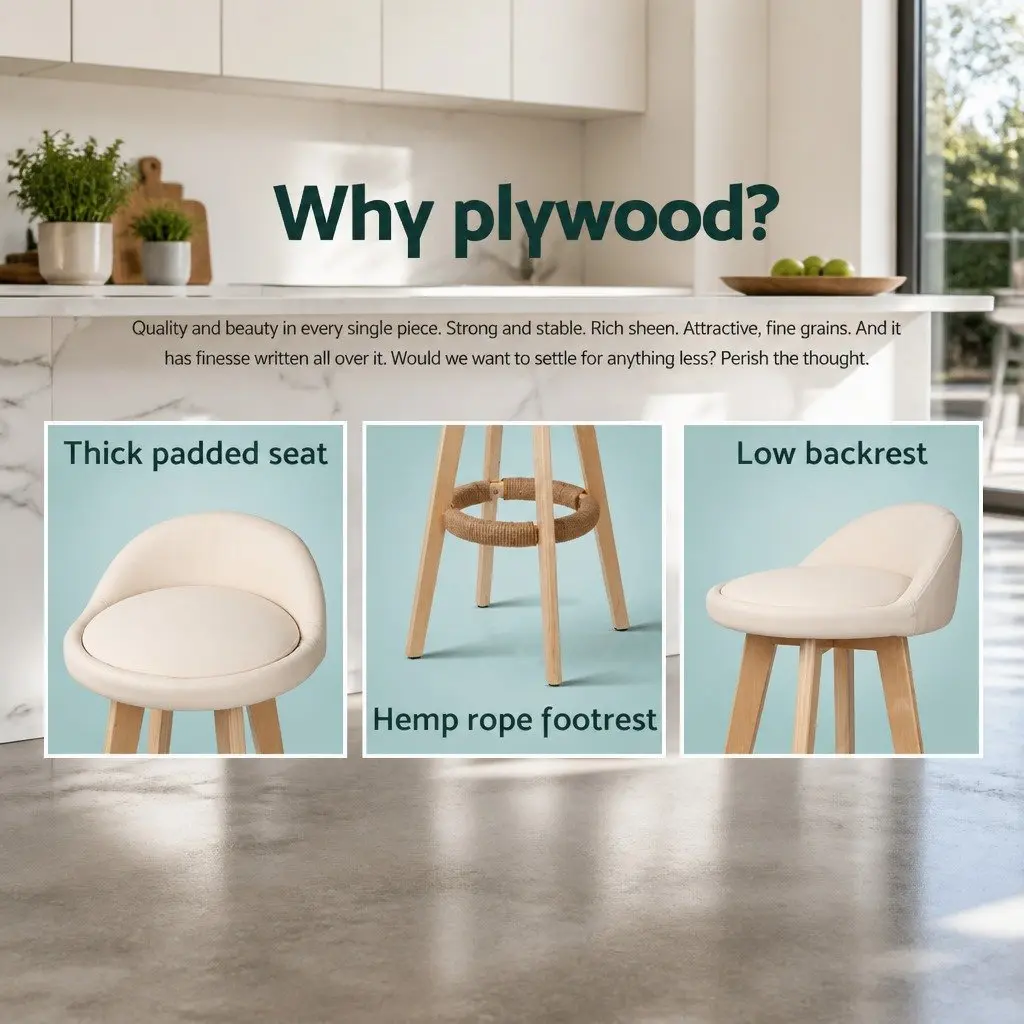 Beige Bar Stools with Padded Leather and Swivel