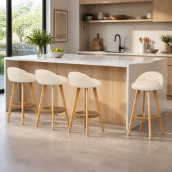 Set of 4 Beige Bar Stools with Padded Seat and Wooden Frame