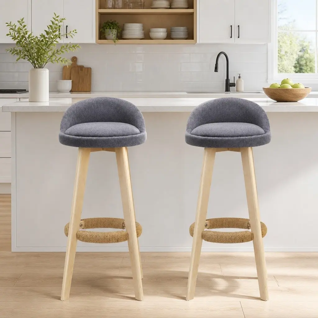 Grey Padded Linen Bar Stools with Swivel Action