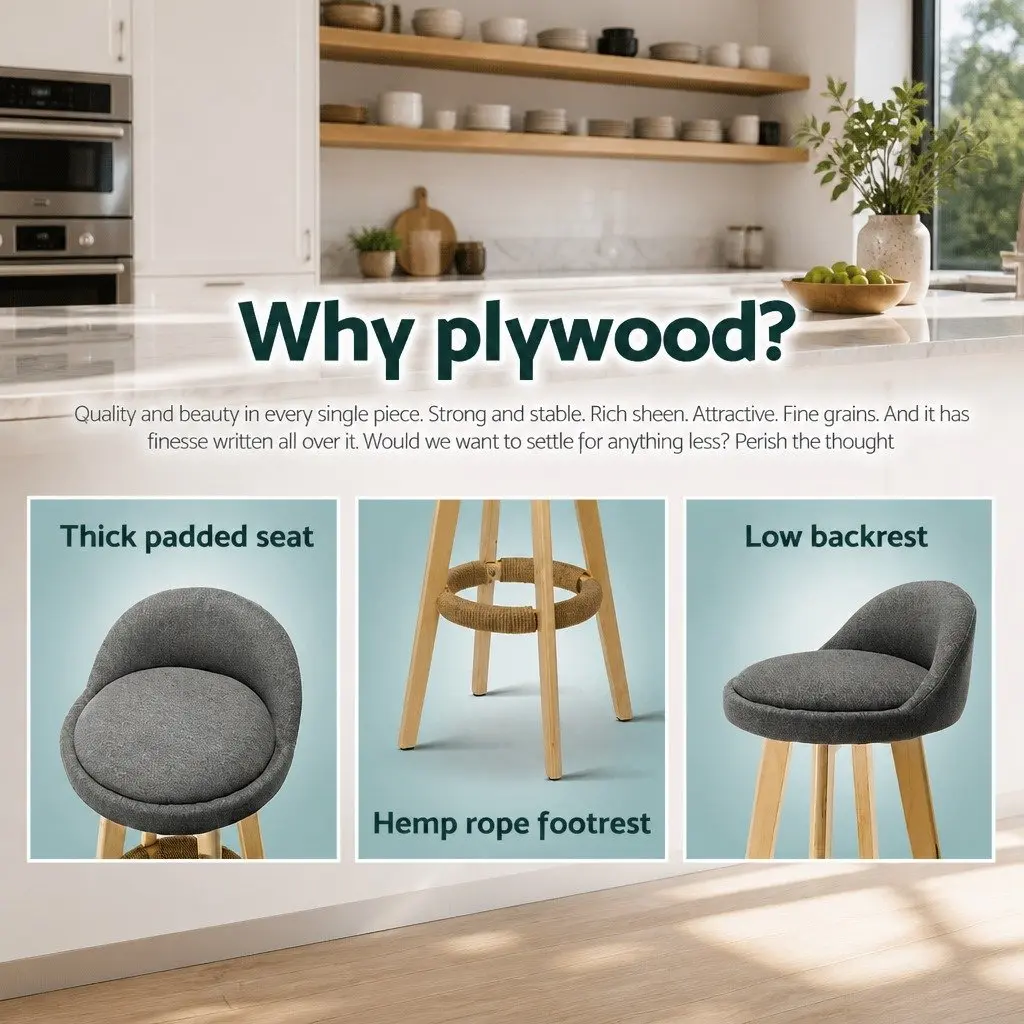 Grey Padded Linen Bar Stools with Swivel Action