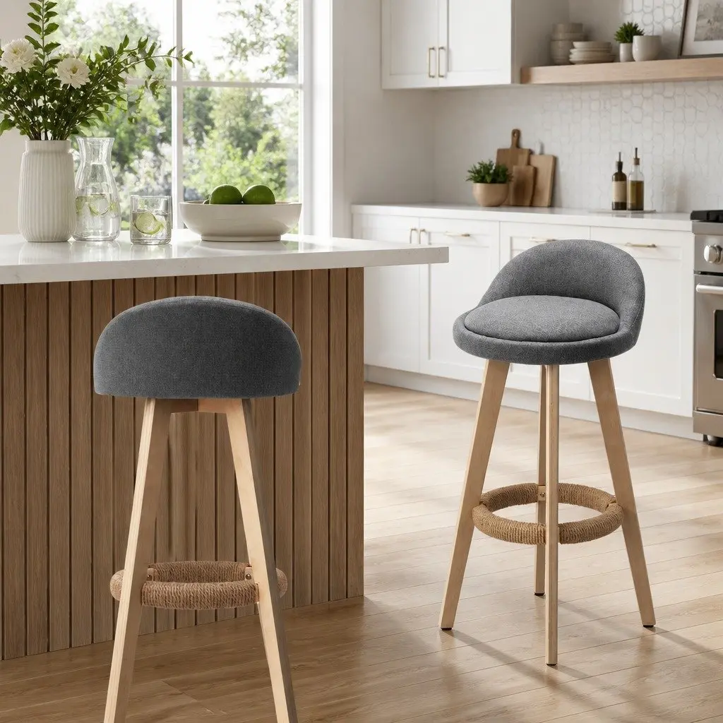 Grey Padded Linen Bar Stools with Swivel Action