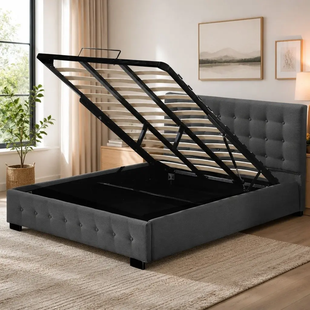 Dark Grey Upholstered King Bed Frame with Storage