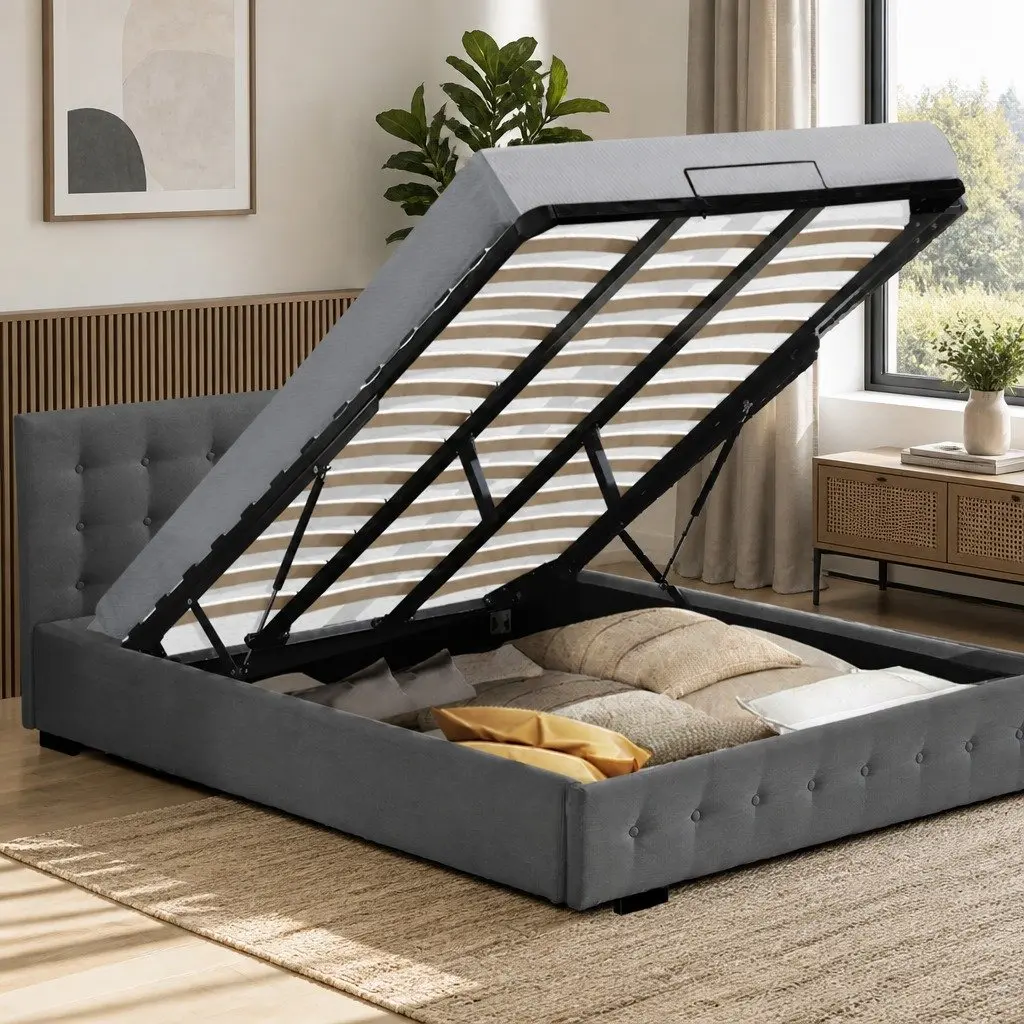 Dark Grey Upholstered King Bed Frame with Storage