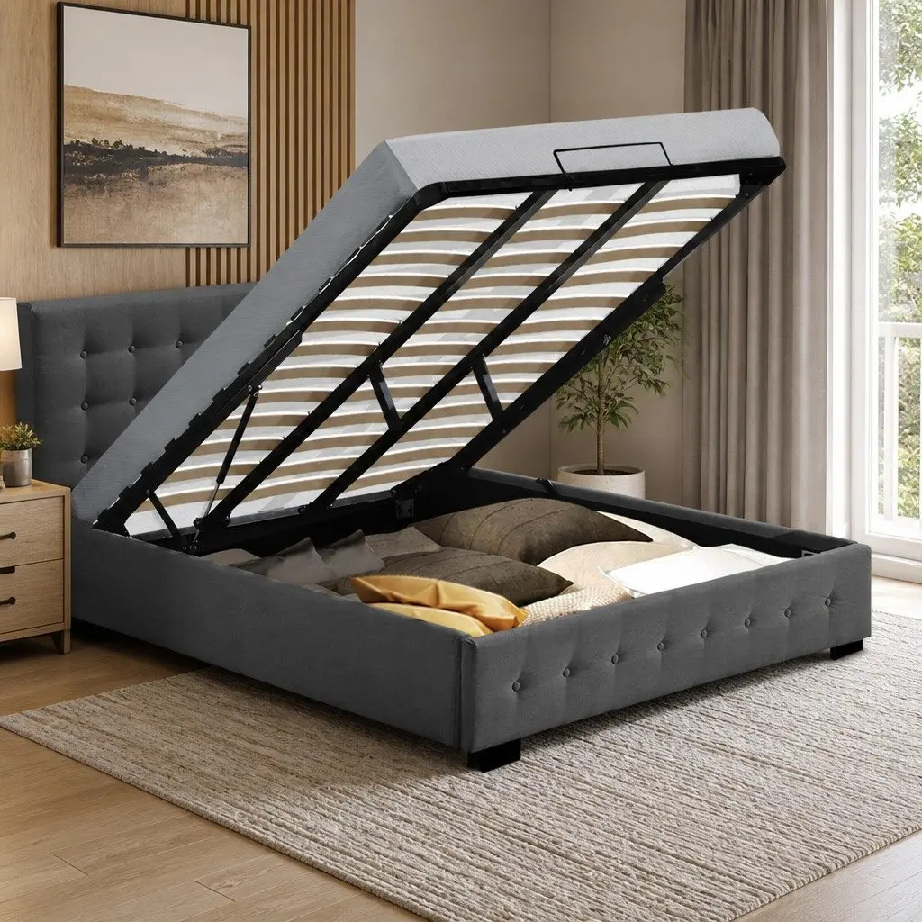 Dark Grey Upholstered King Bed Frame with Storage