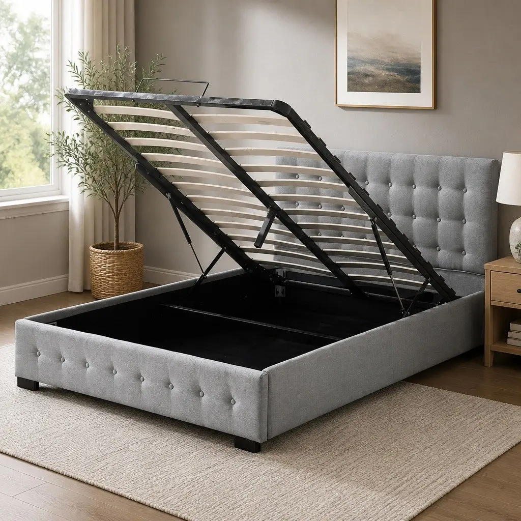 Queen Bed Frame with Gas Lift Storage in Grey