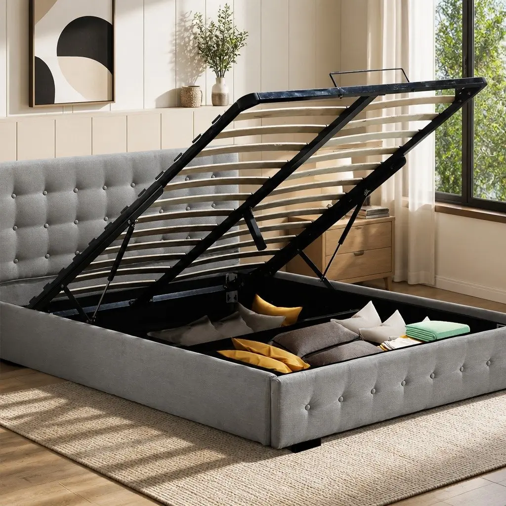 Queen Bed Frame with Gas Lift Storage in Grey