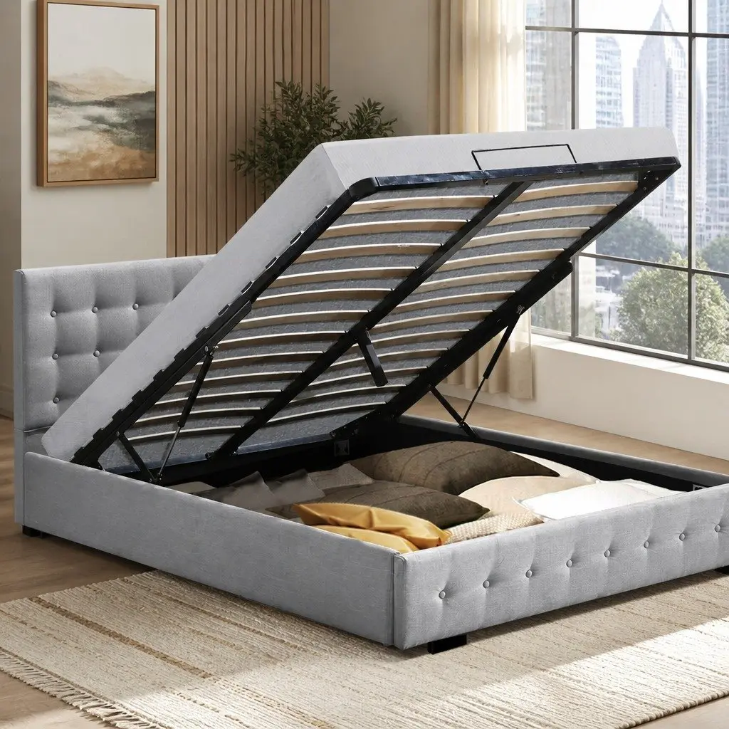 Queen Bed Frame with Gas Lift Storage in Grey