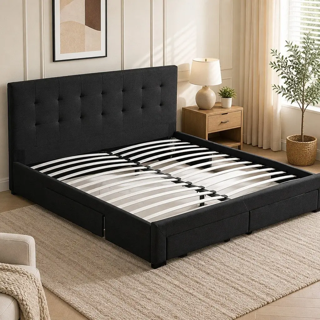 Upholstered Queen Bed Frame with Storage Drawers