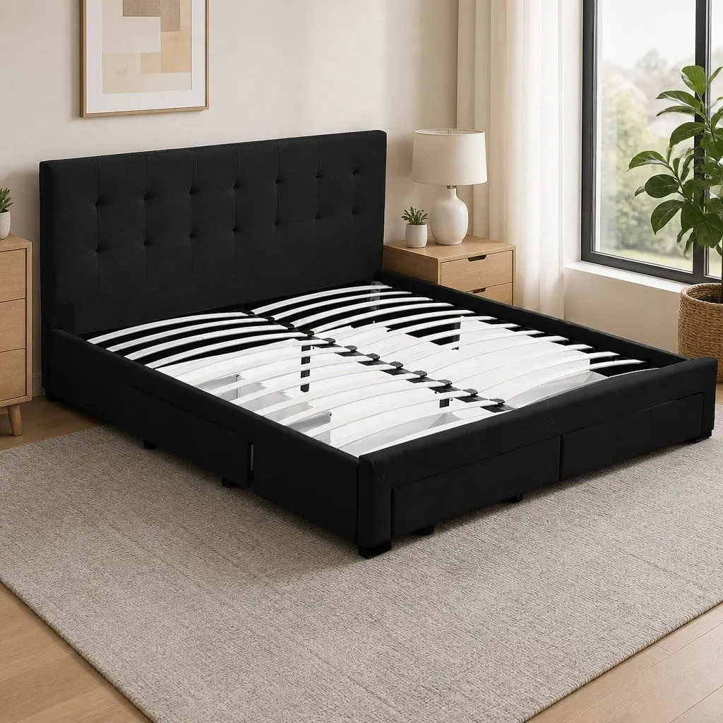 Upholstered Queen Bed Frame with Storage Drawers