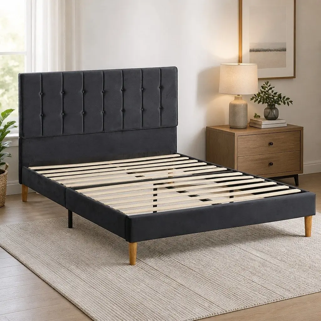 Double Size Fabric Bed Frame with Velvet Headboard