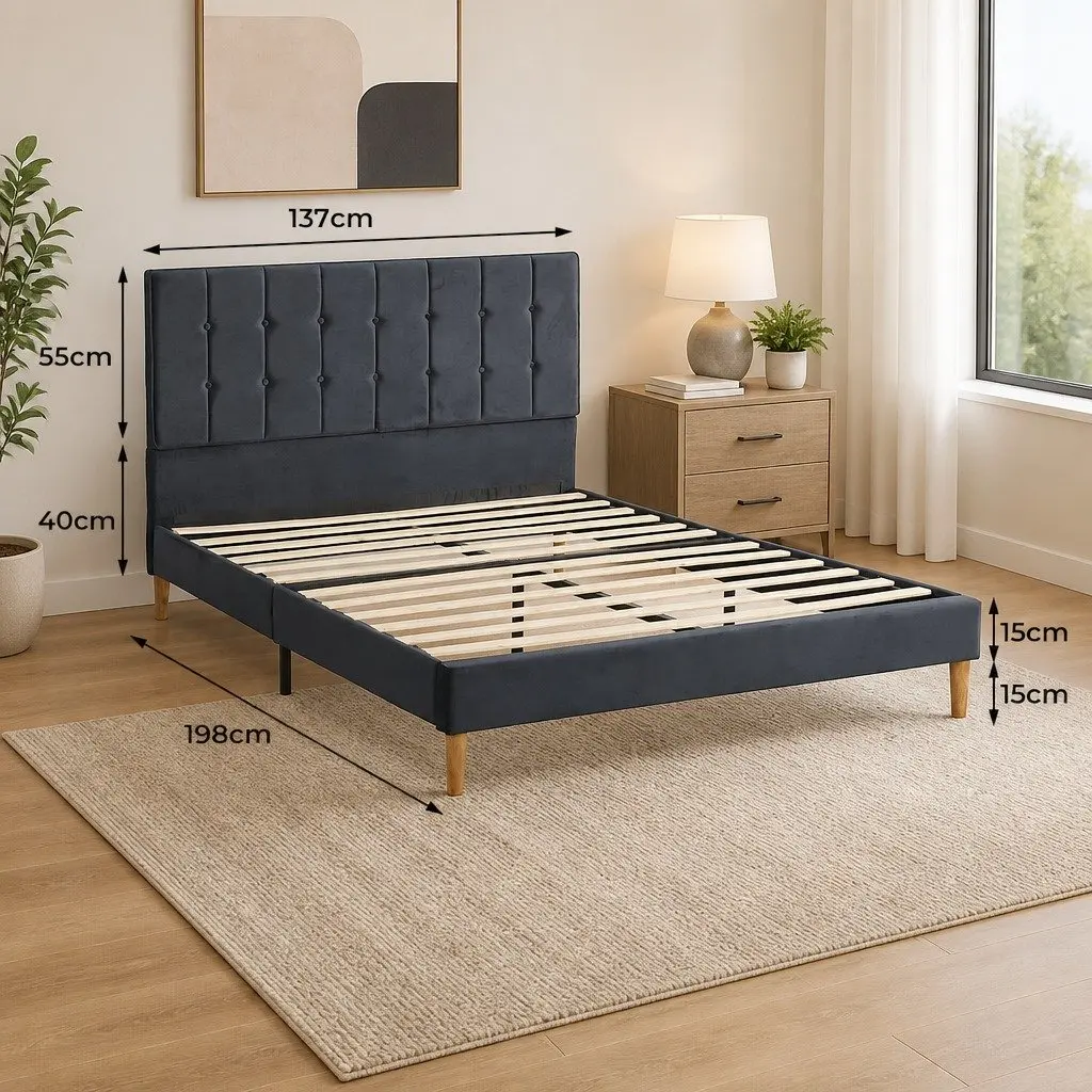 Double Size Fabric Bed Frame with Velvet Headboard