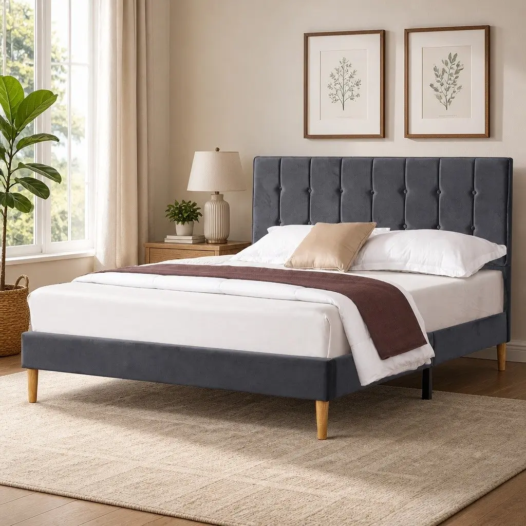Double Size Fabric Bed Frame with Velvet Headboard