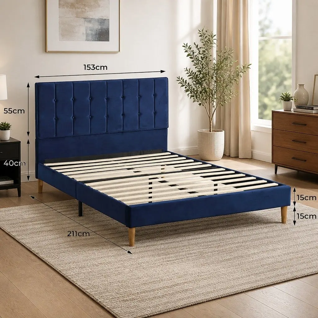 Queen Bed Frame with Velvet Headboard and Solid Wood Slats