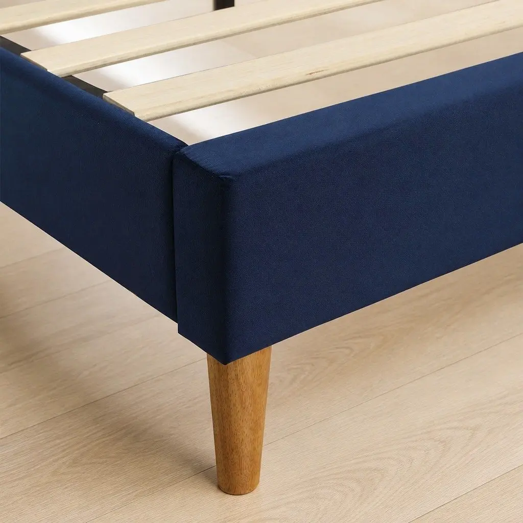 Queen Bed Frame with Velvet Headboard and Solid Wood Slats