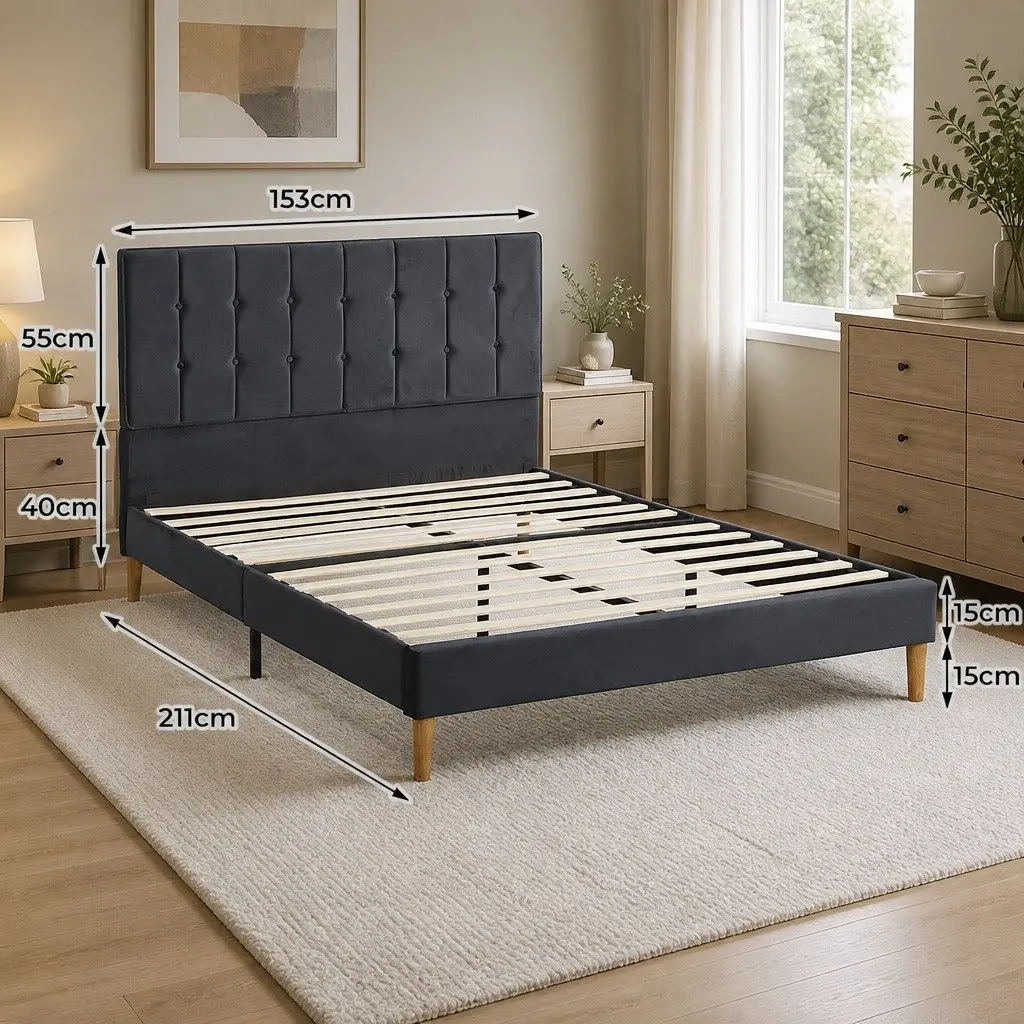 Queen Size Bed Frame with Durable Velvet Padded Headboard