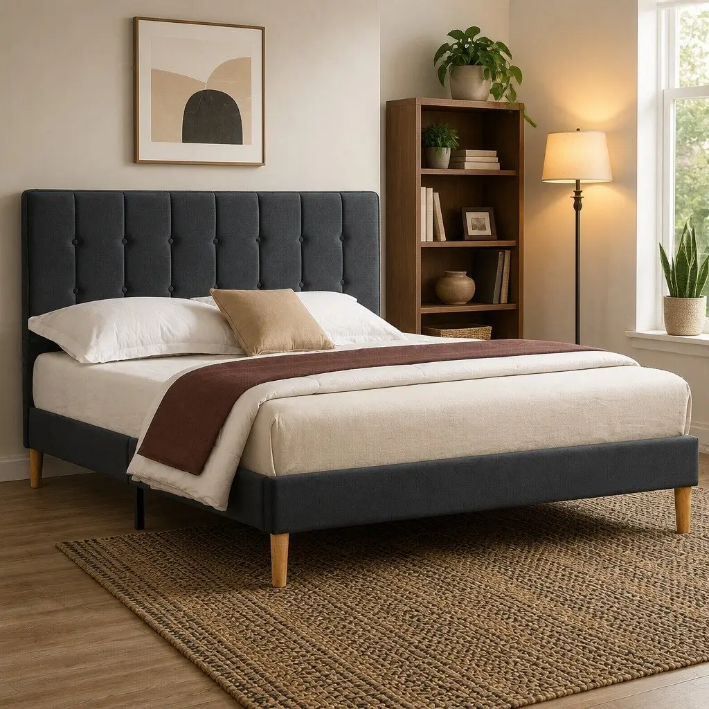 Queen Size Bed Frame with Durable Velvet Padded Headboard
