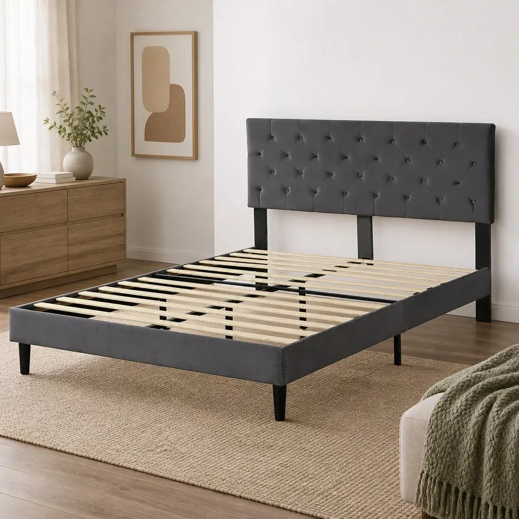 Grey Velvet Headboard Double Bed Frame with Strong Slat Support