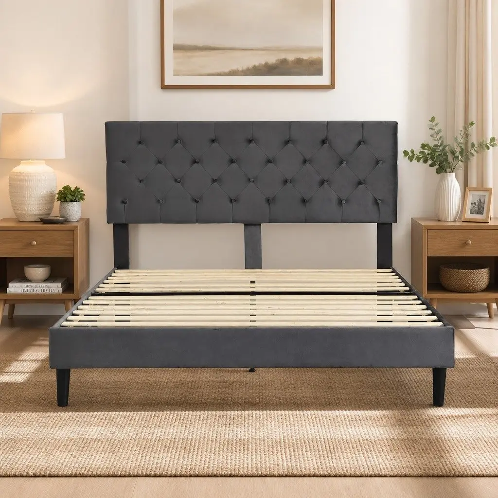 Grey Velvet Headboard Double Bed Frame with Strong Slat Support