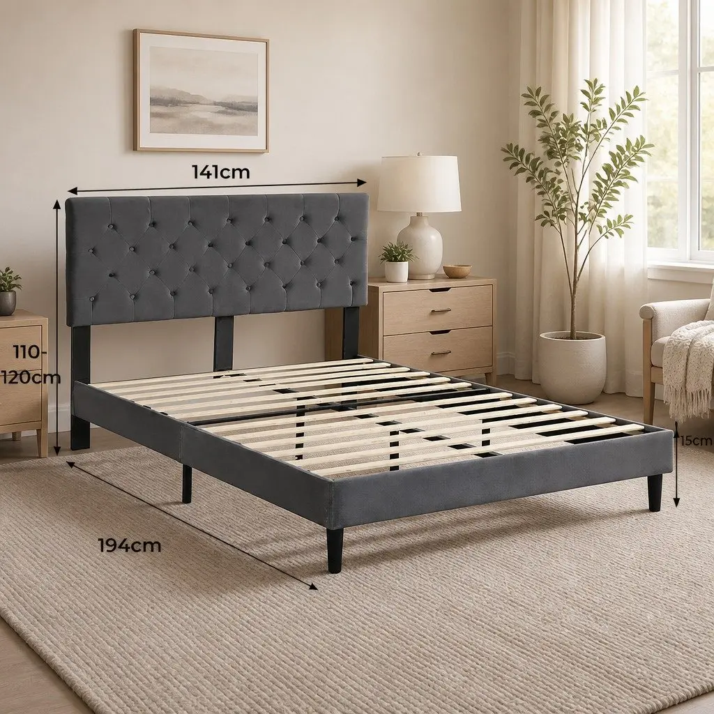 Grey Velvet Headboard Double Bed Frame with Strong Slat Support
